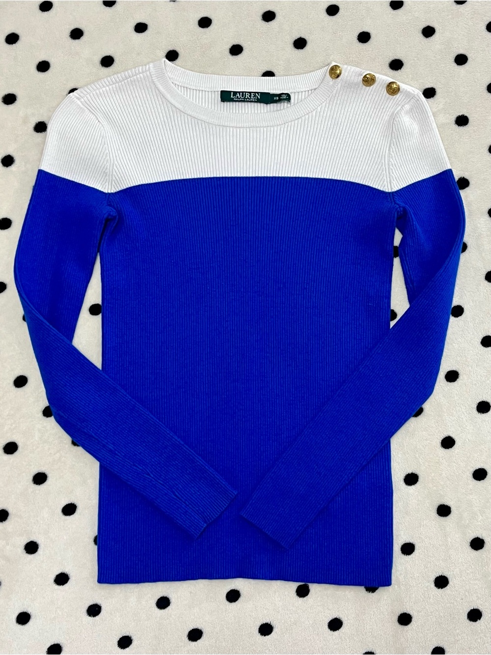 Lauren Ralph Lauren Blue & White Colorblock Ribbed Sweater Size XS